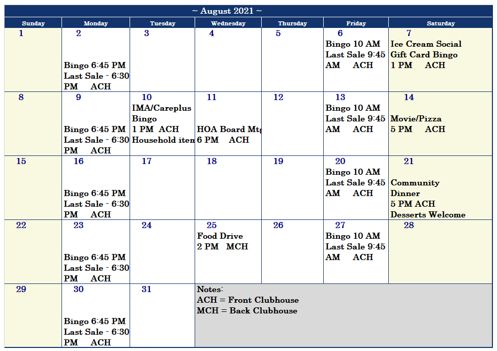 Events Calendar Starlight Ranch HOA